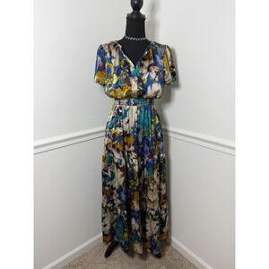 Nicole Miller New York Floral Tiered satin Maxi Dress colorful Boho Size S